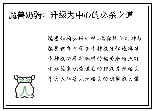 魔兽奶骑：升级为中心的必杀之道